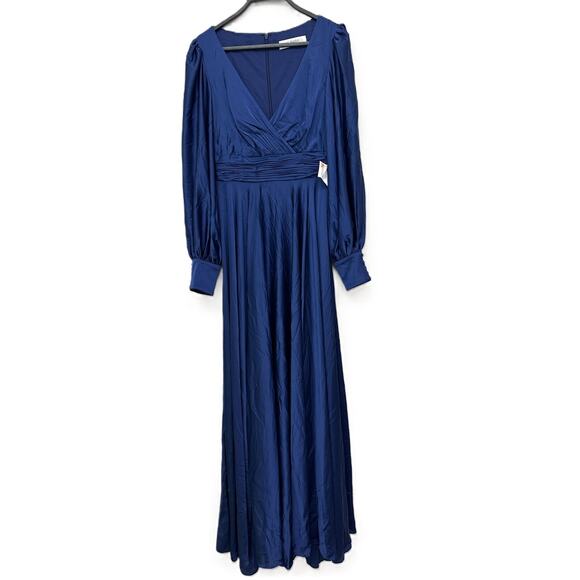New MAC DUGGAL Blue Long Sleeve V-Neck Pleated Evening Gown 67847 Size 4 - Picture 1 of 9